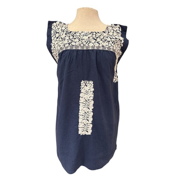 Navy Sleeveless Embroidered Linen Blend Top/Dress With White Floral Design - Picture 2 of 11